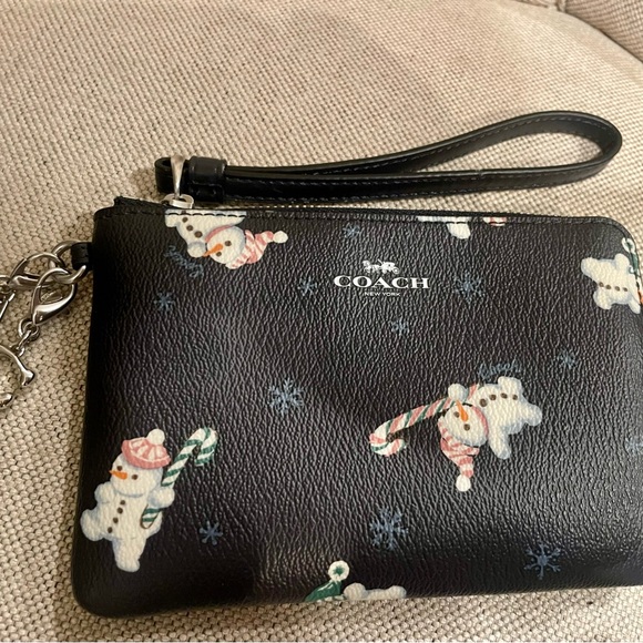 Coach Navy Wristlet with Festive Snowman Design - Picture 1 of 4